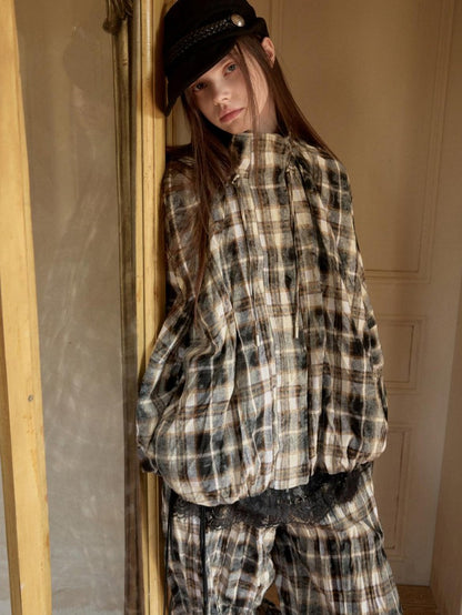 1JINN STUDIO Ruched Plaid Stand Collar Gathered Hem Women&