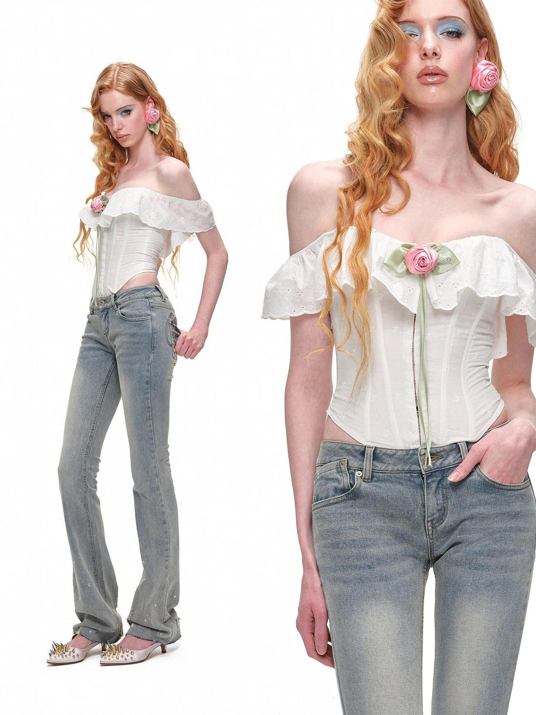 1JINN STUDIO Ruffled Off Shoulder Rose Floral Women&