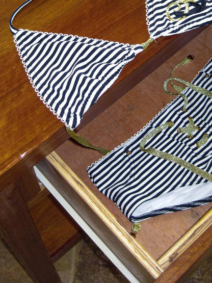 1JINN STUDIO Sailor Stripe Nautical Halter Tie Neck Women&