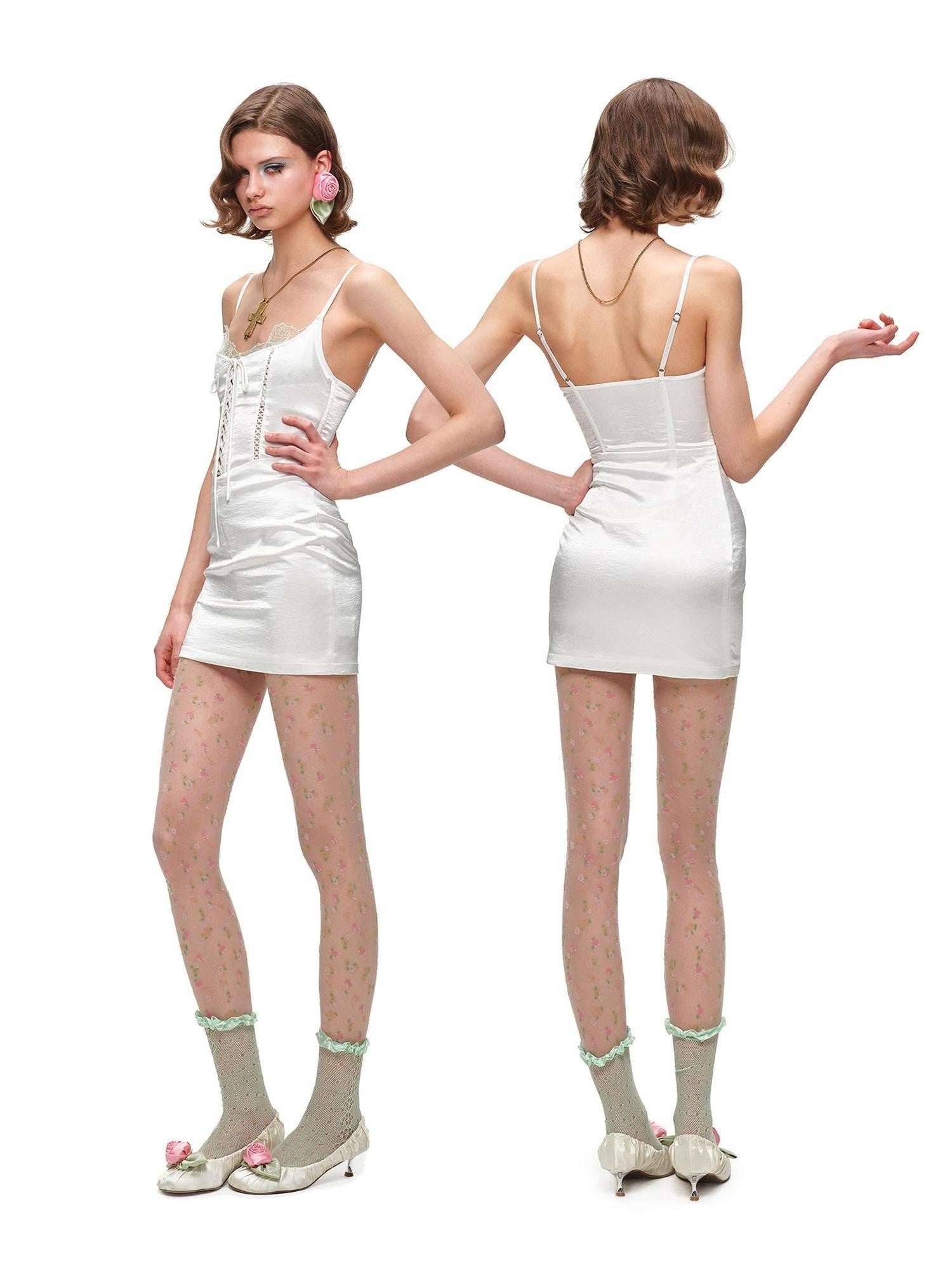 1JINN STUDIO Satin Floral Lace Up Spliced Herringbone Cutout Women&