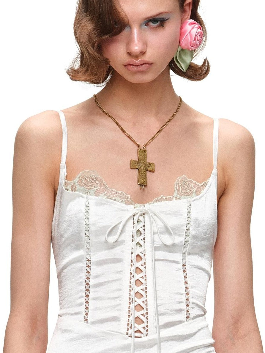 1JINN STUDIO Satin Floral Lace Up Spliced Herringbone Cutout Women&