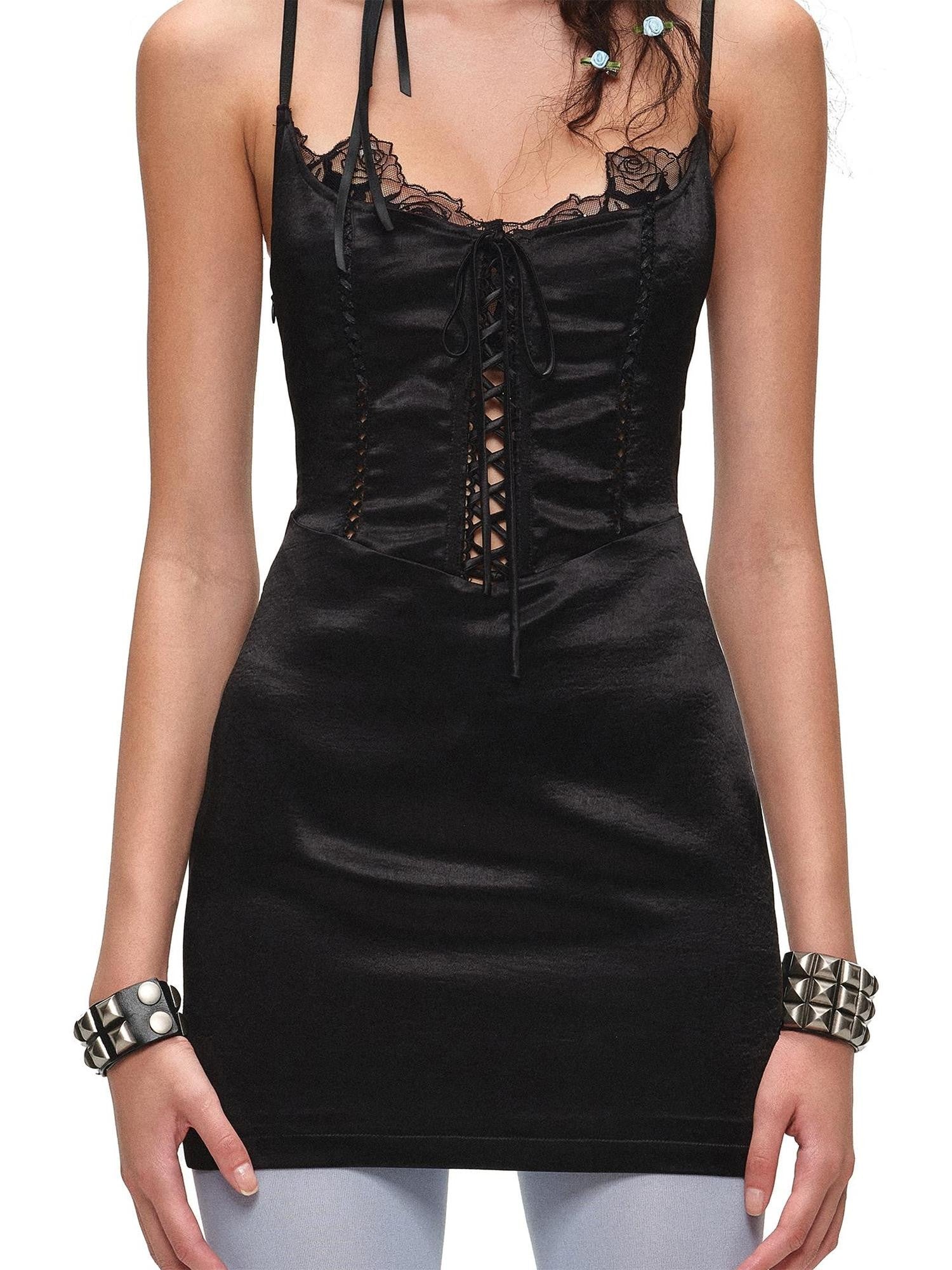 1JINN STUDIO Satin Floral Lace Up Spliced Herringbone Cutout Women&