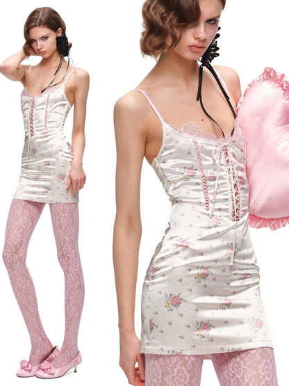 1JINN STUDIO Satin Floral Lace Up Spliced Herringbone Cutout Women&