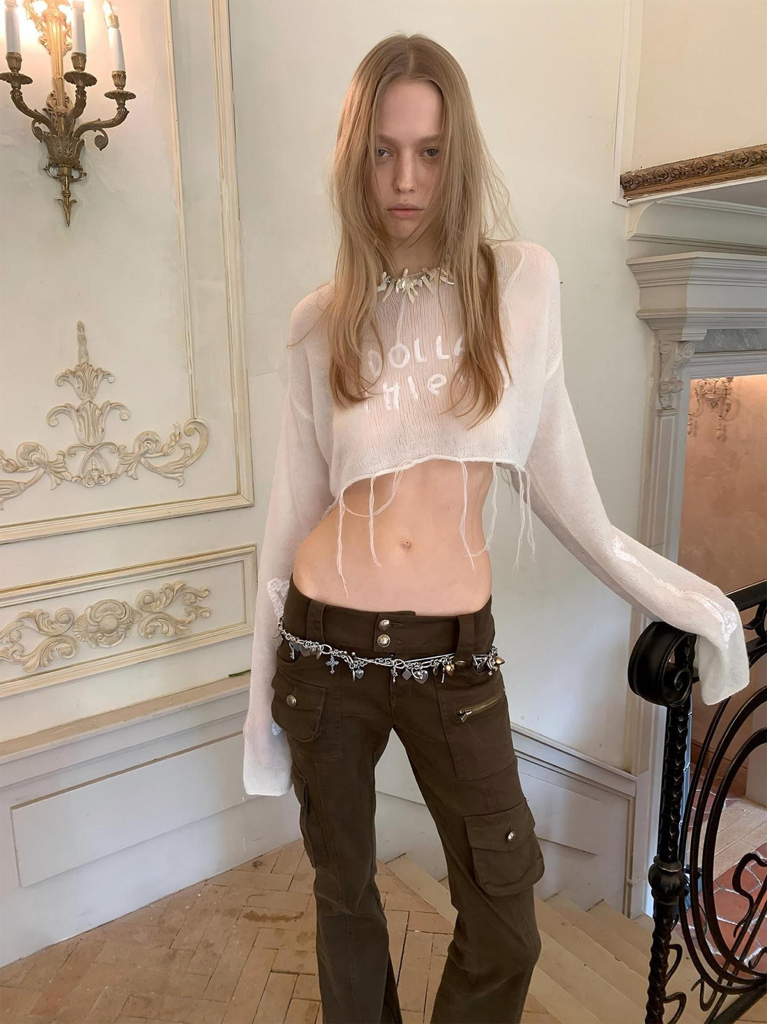 1JINN STUDIO Sequin Embroidered Sheer Cropped Women&
