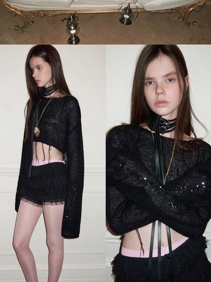 1JINN STUDIO Sequin Embroidered Sheer Cropped Women&