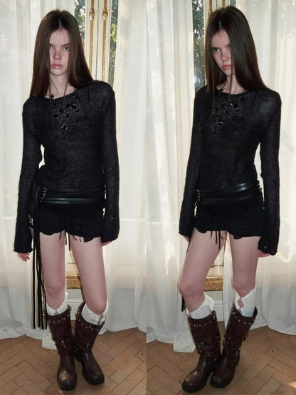1JINN STUDIO Sequin Embroidered Sheer Cropped Women&