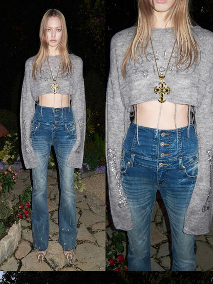 1JINN STUDIO Sequin Embroidered Sheer Cropped Women&