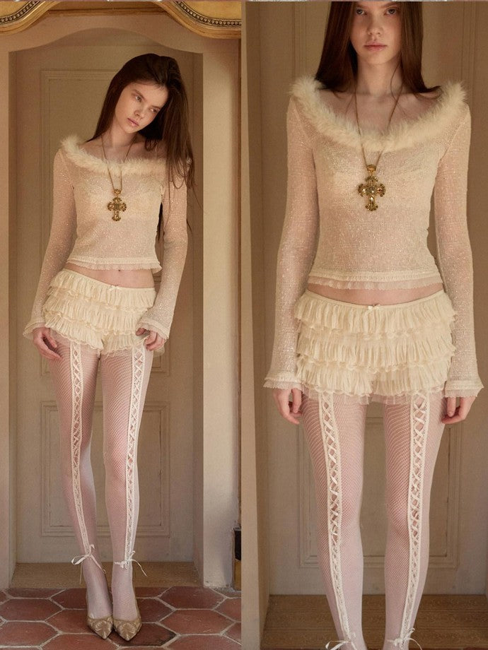 1JINN STUDIO Sequin Lace Fur Trim Women&
