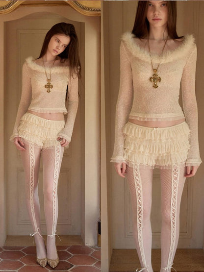 1JINN STUDIO Sequin Lace Fur Trim Women&