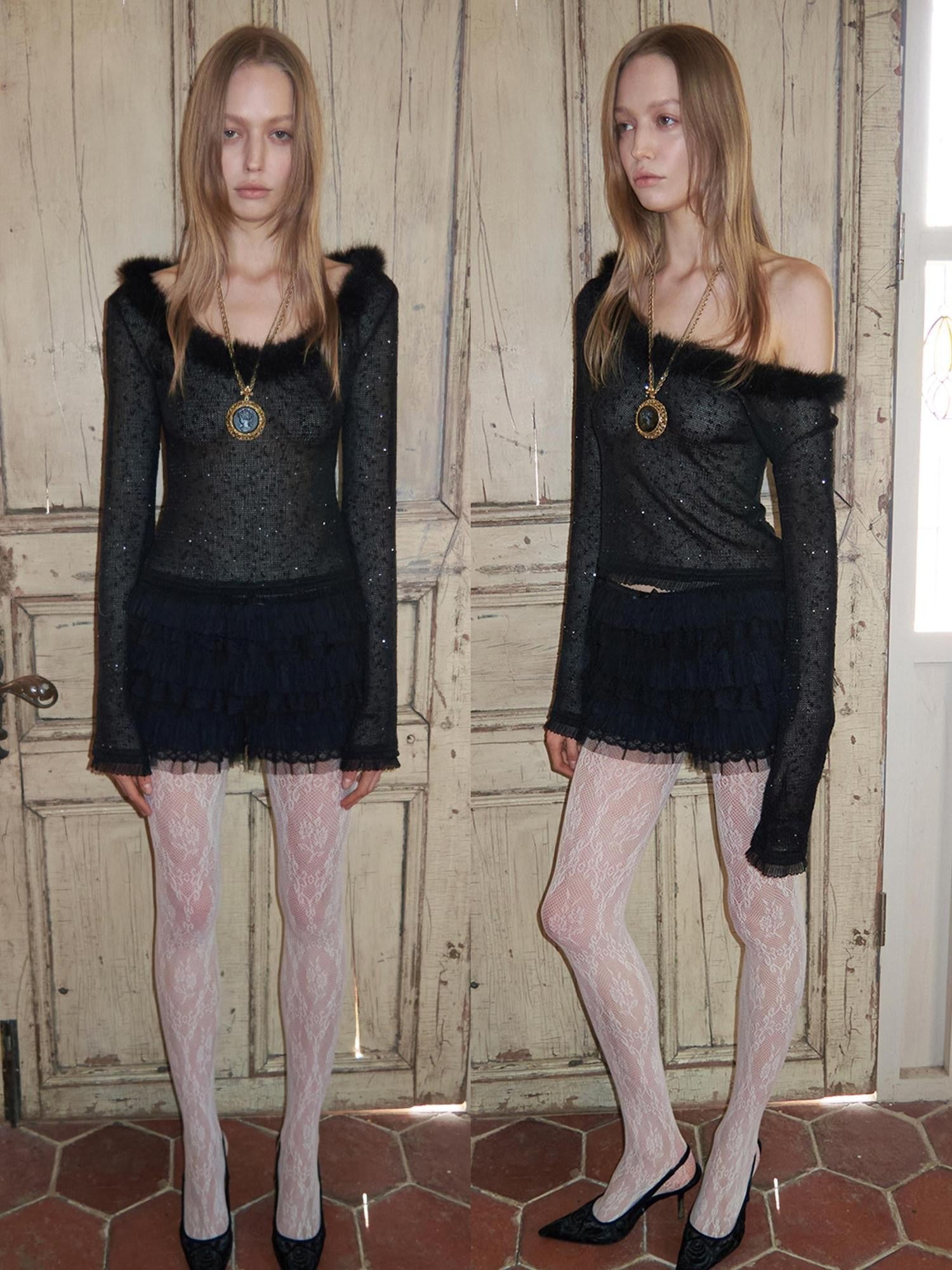 1JINN STUDIO Sequin Lace Fur Trim Women&