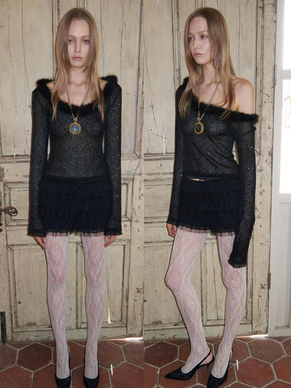 1JINN STUDIO Sequin Lace Fur Trim Women&