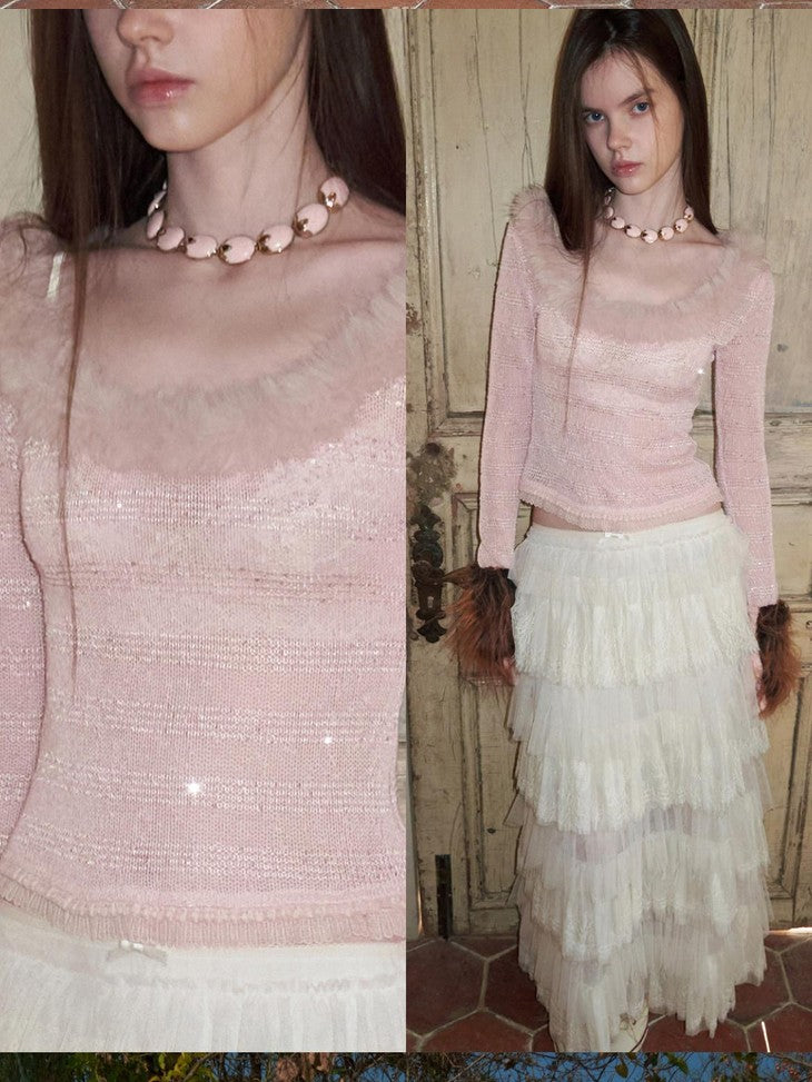 1JINN STUDIO Sequin Lace Fur Trim Women&