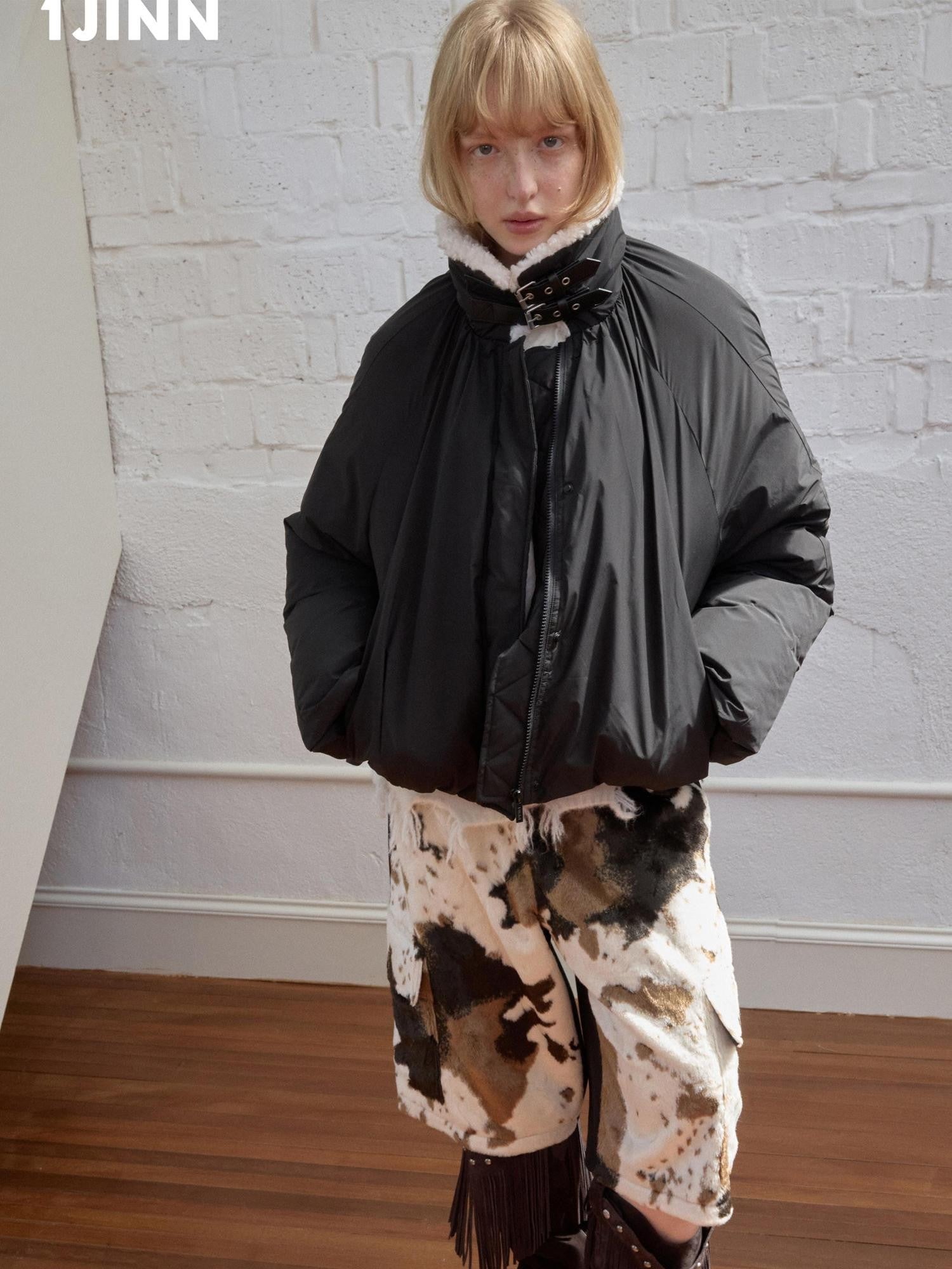 1JINN STUDIO Shearling Pleated Belted Stand Collar Women&