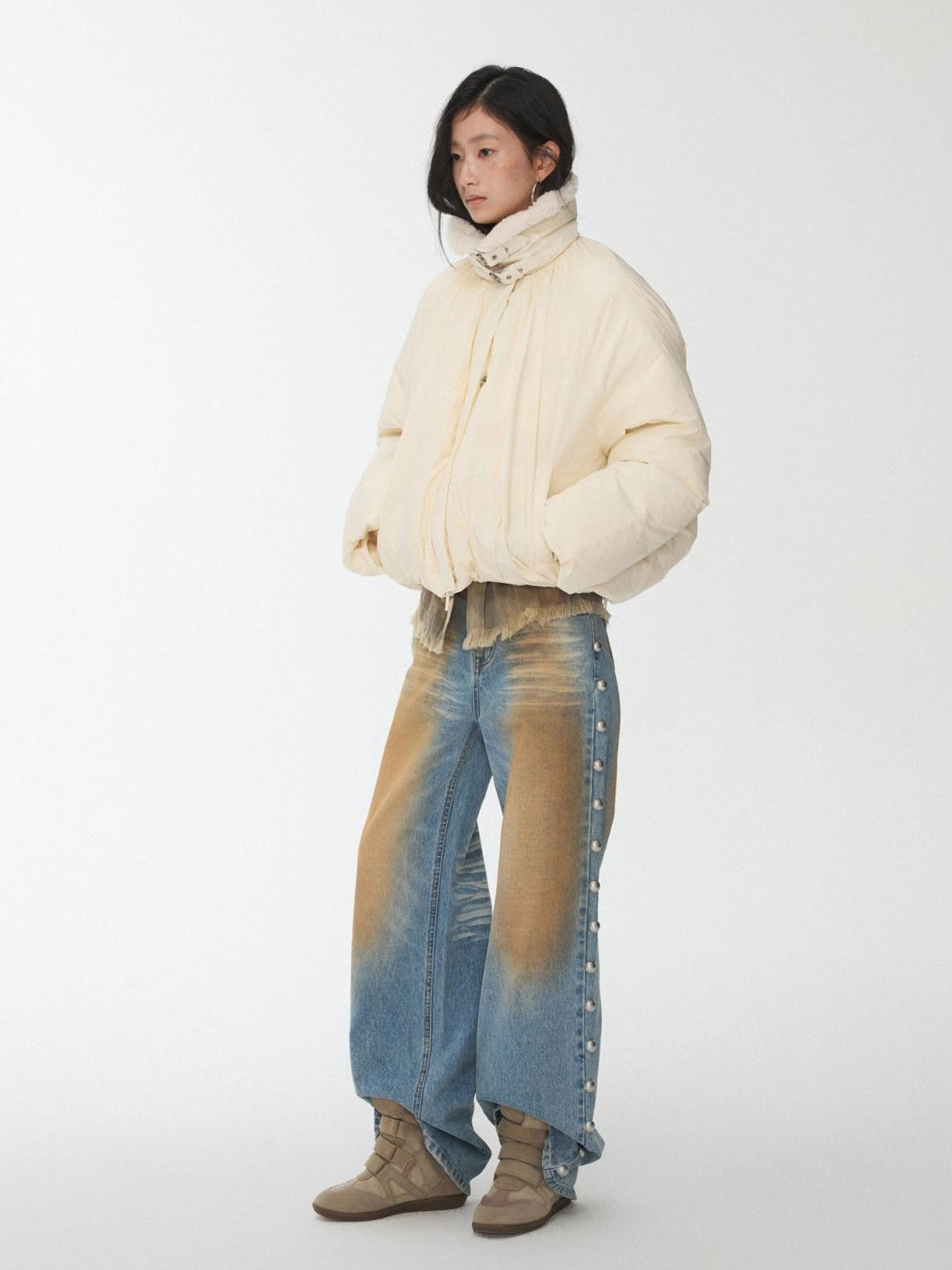 1JINN STUDIO Shearling Pleated Belted Stand Collar Women&
