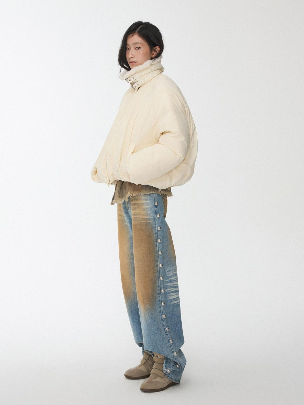 1JINN STUDIO Shearling Pleated Belted Stand Collar Women&