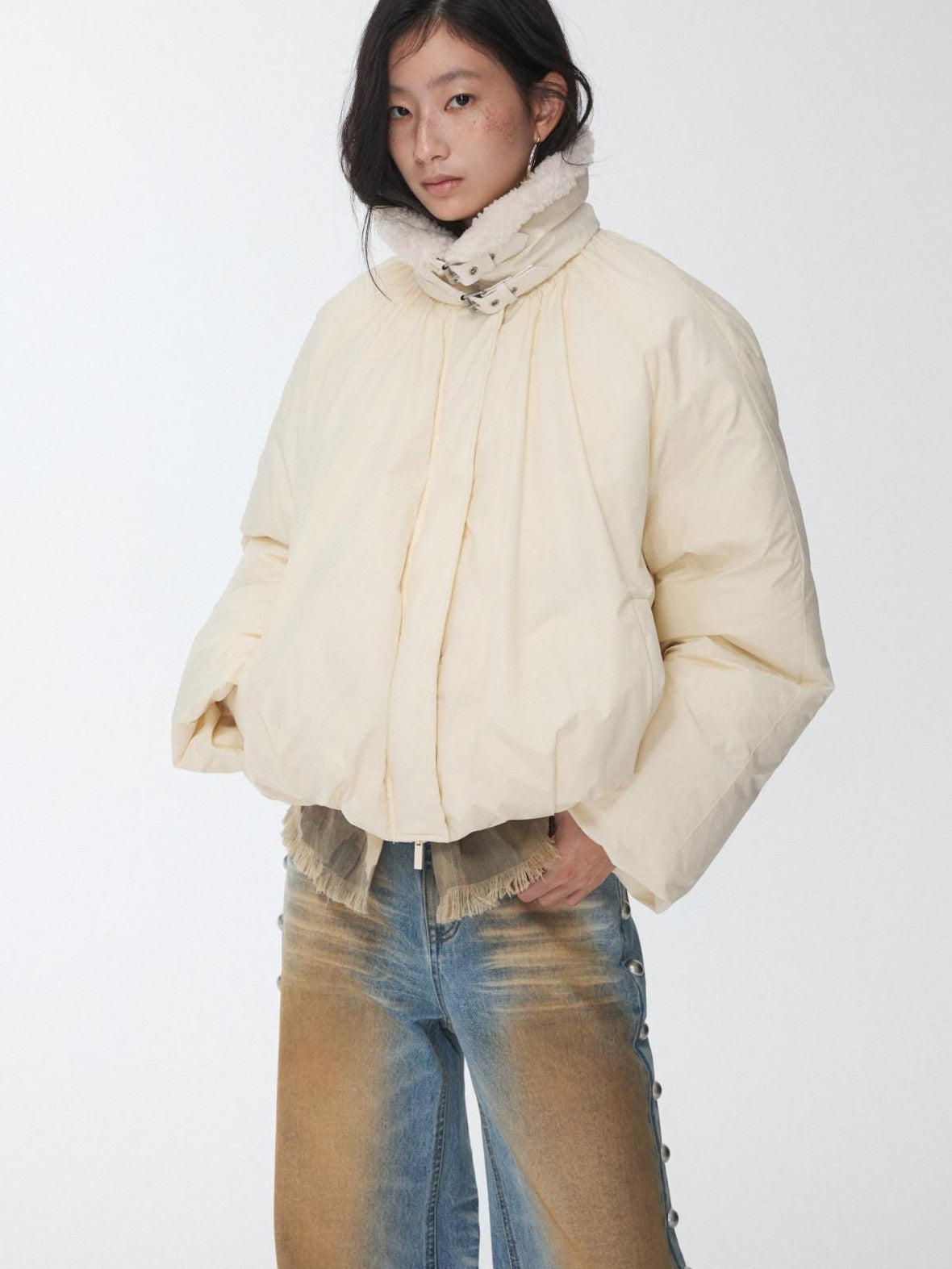 1JINN STUDIO Shearling Pleated Belted Stand Collar Women&