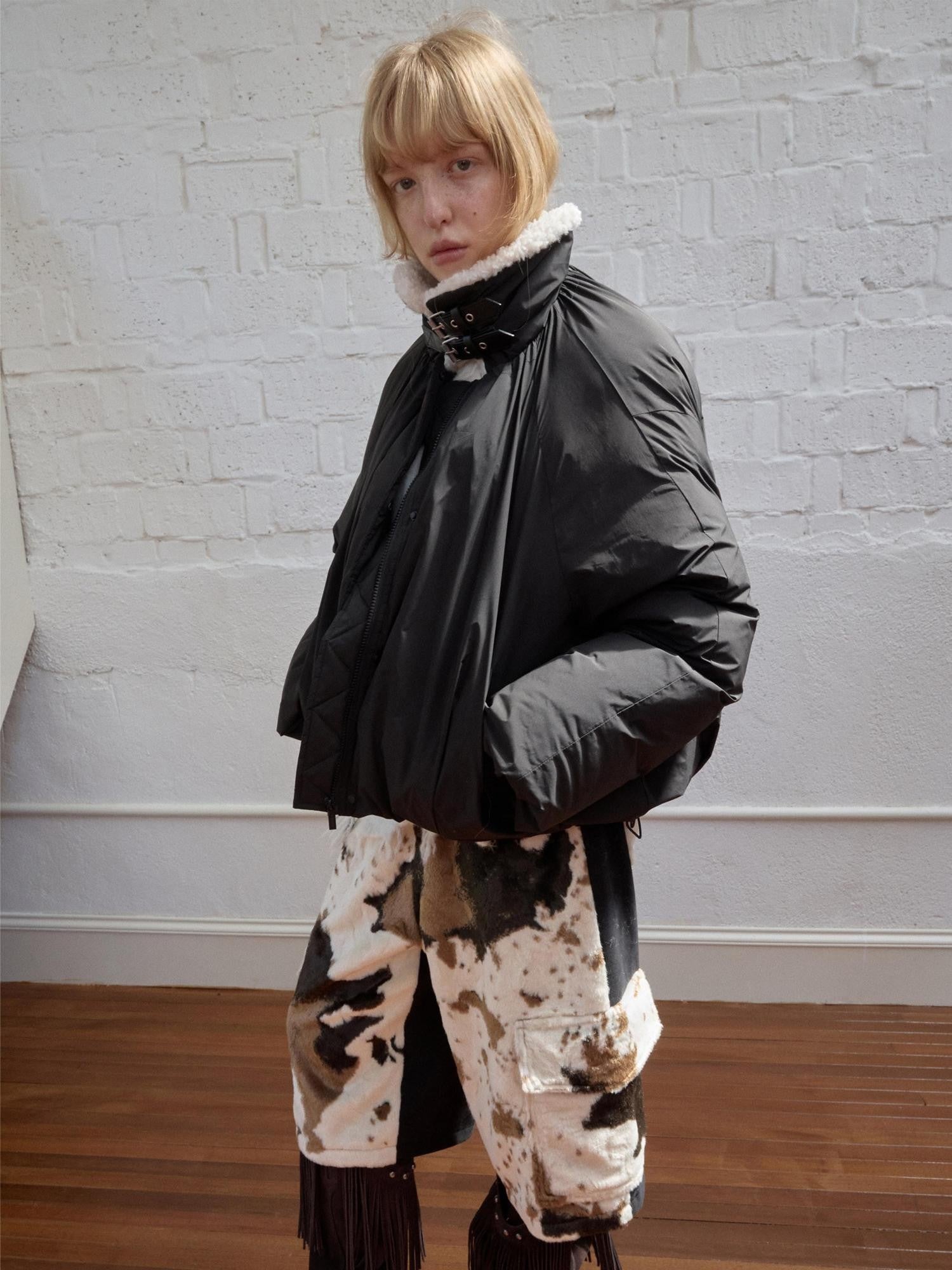 1JINN STUDIO Shearling Pleated Belted Stand Collar Women&