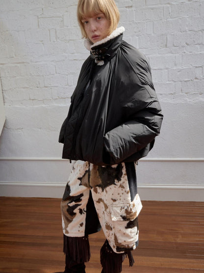 1JINN STUDIO Shearling Pleated Belted Stand Collar Women&
