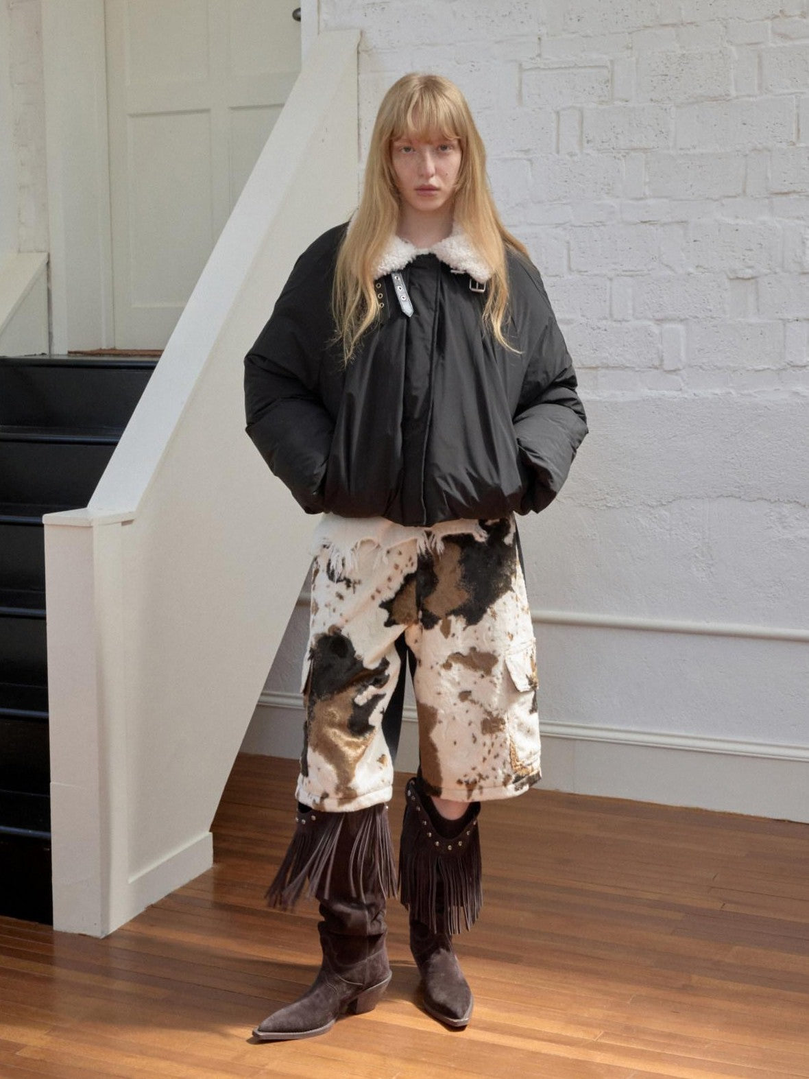 1JINN STUDIO Shearling Pleated Belted Stand Collar Women&