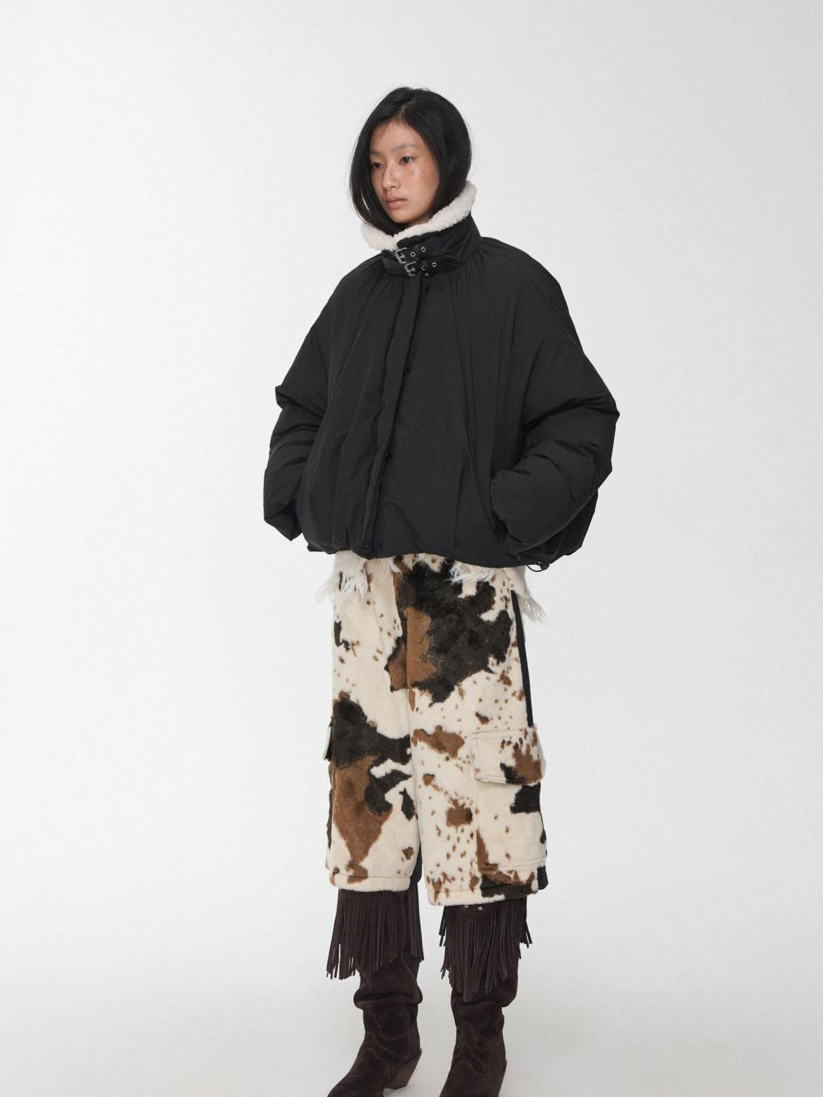 1JINN STUDIO Shearling Pleated Belted Stand Collar Women&