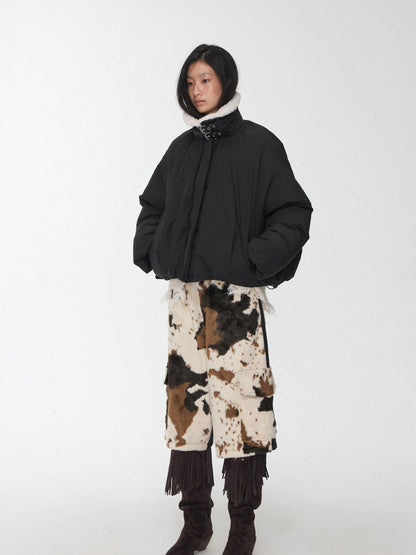 1JINN STUDIO Shearling Pleated Belted Stand Collar Women&