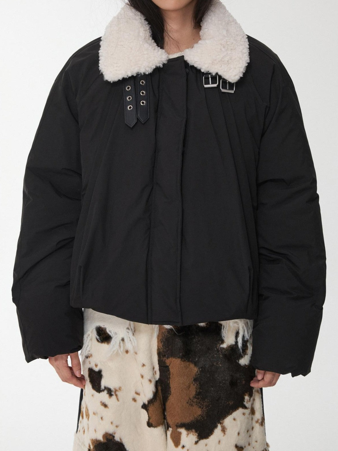 1JINN STUDIO Shearling Pleated Belted Stand Collar Women&