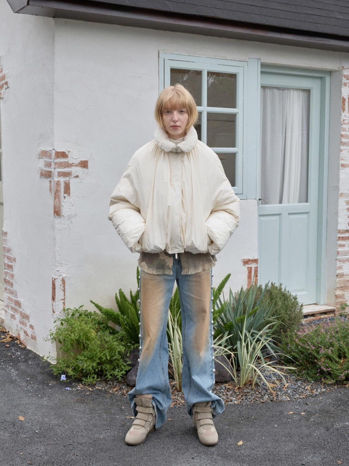 1JINN STUDIO Shearling Pleated Belted Stand Collar Women&
