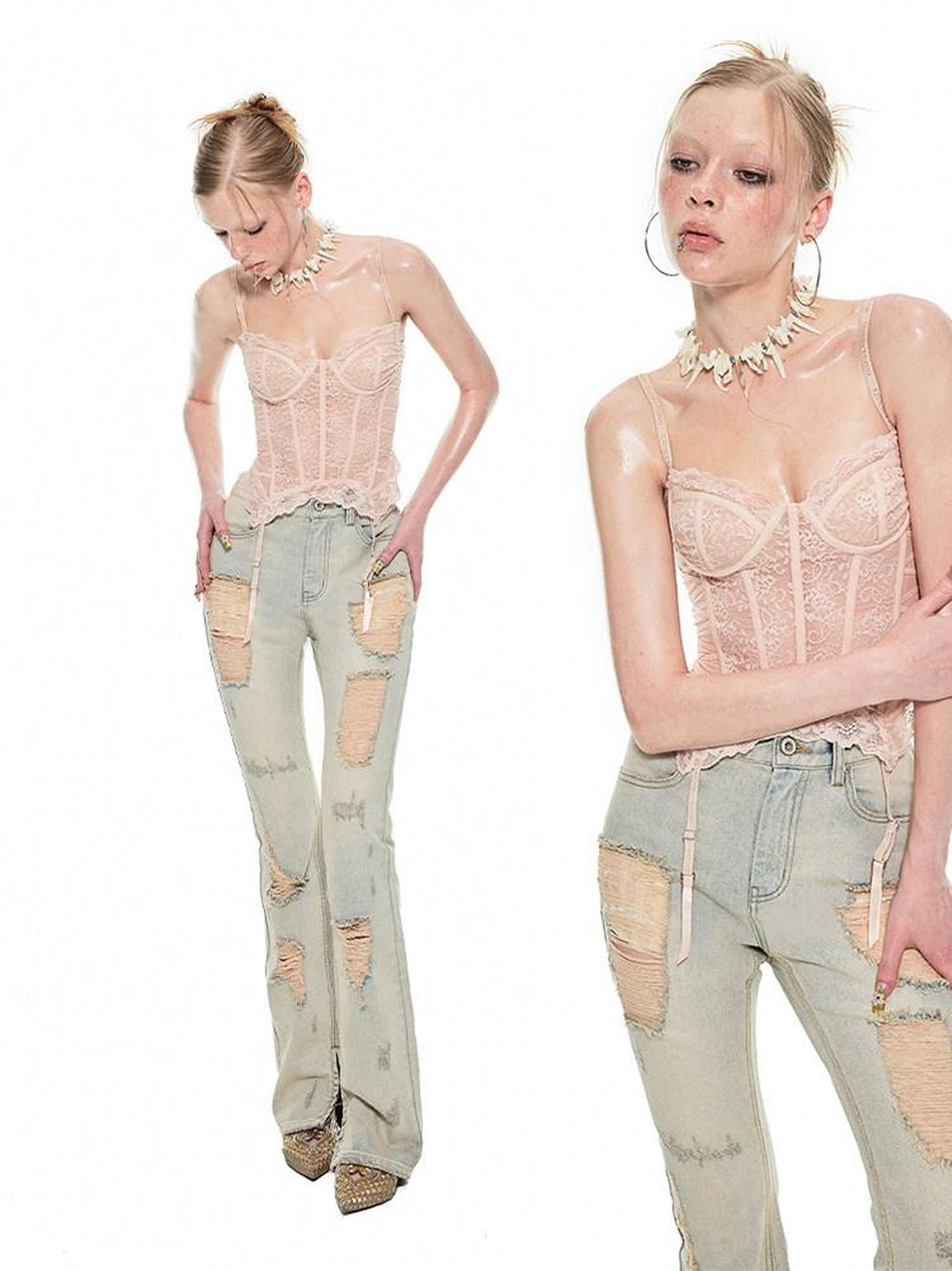 1JINN STUDIO Sheer Boned Underwire Front Button Waist Cutout Women&