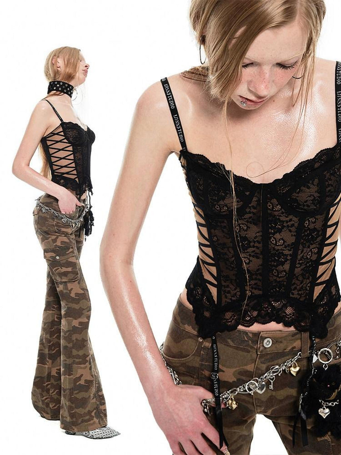 1JINN STUDIO Sheer Boned Underwire Front Button Waist Cutout Women&