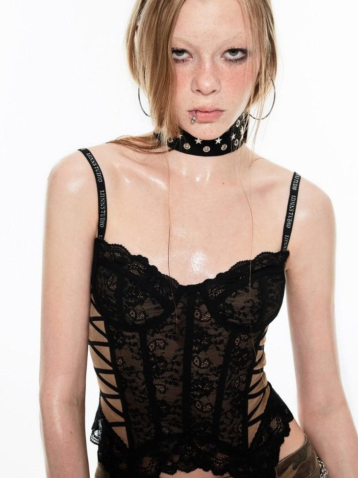 1JINN STUDIO Sheer Boned Underwire Front Button Waist Cutout Women&