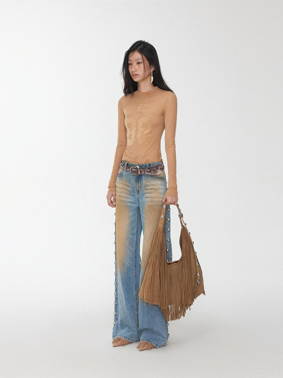 1JINN STUDIO Sheer Flocked Print High Neck Women&