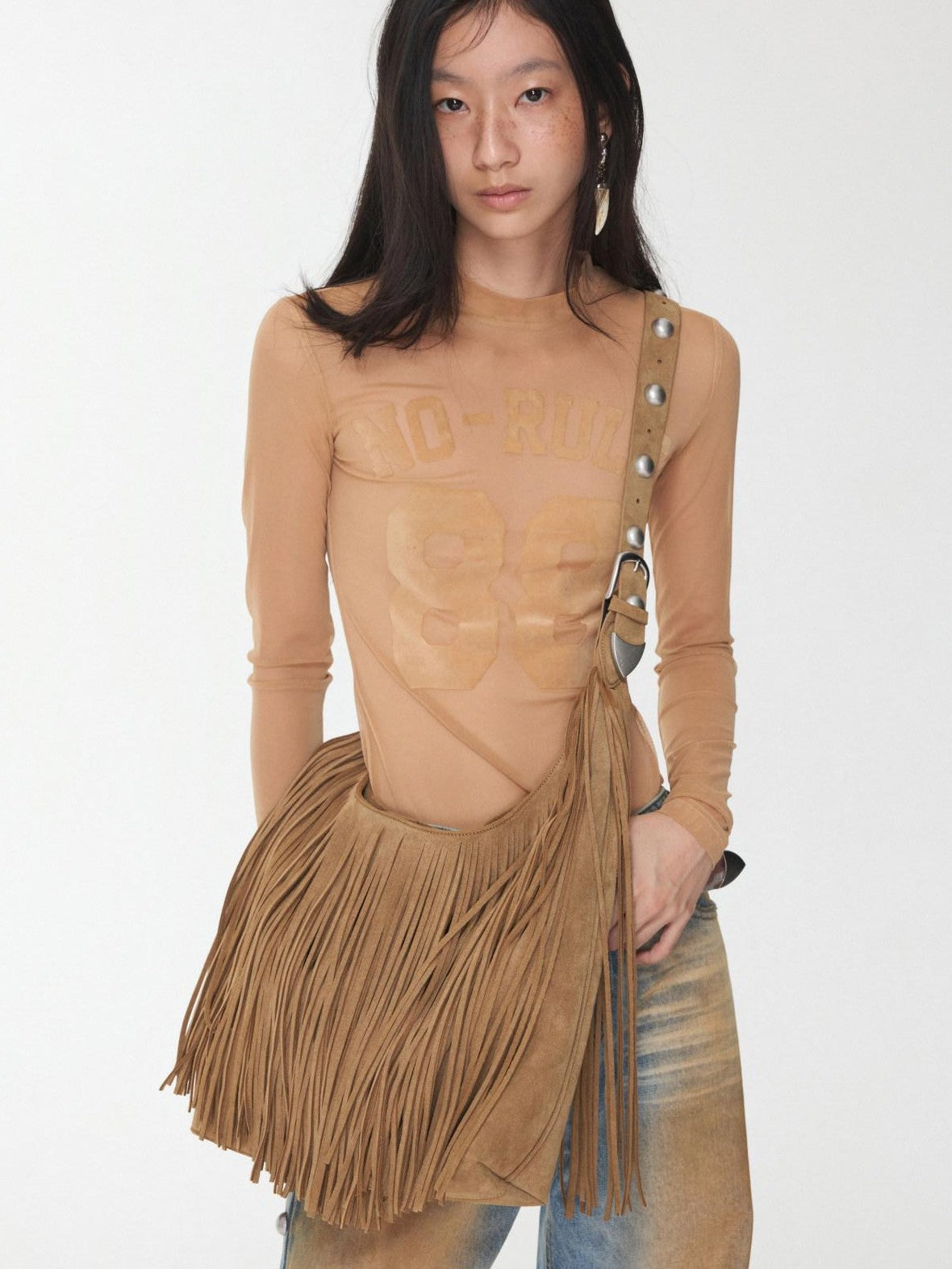 1JINN STUDIO Sheer Flocked Print High Neck Women&