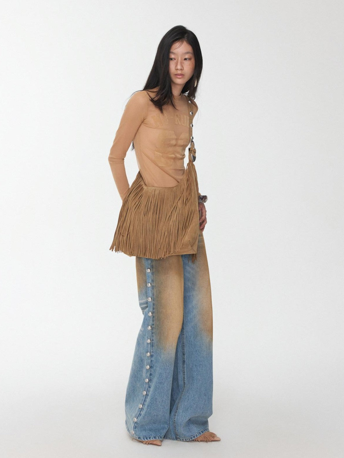 1JINN STUDIO Sheer Flocked Print High Neck Women&