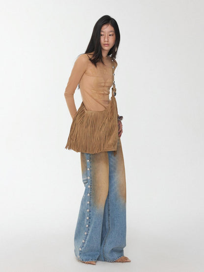 1JINN STUDIO Sheer Flocked Print High Neck Women&