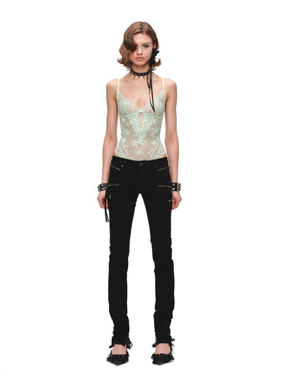 1JINN STUDIO Sheer Lace Mesh Spliced Strappy Bodysuit Women&