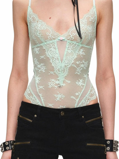 1JINN STUDIO Sheer Lace Mesh Spliced Strappy Bodysuit Women&