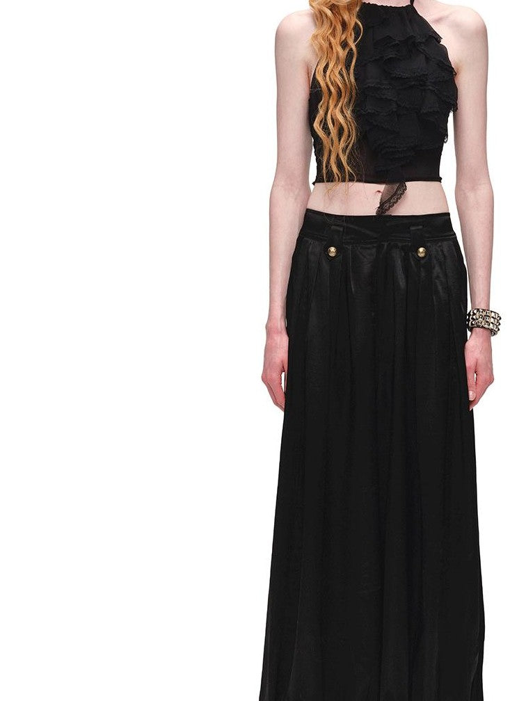 1JINN STUDIO Sheer Open Back Lace Layered Ruffle Women&