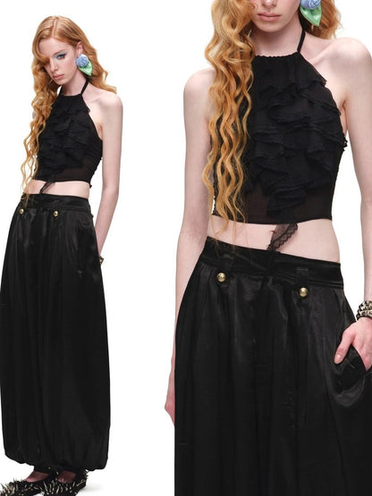 1JINN STUDIO Sheer Open Back Lace Layered Ruffle Women&