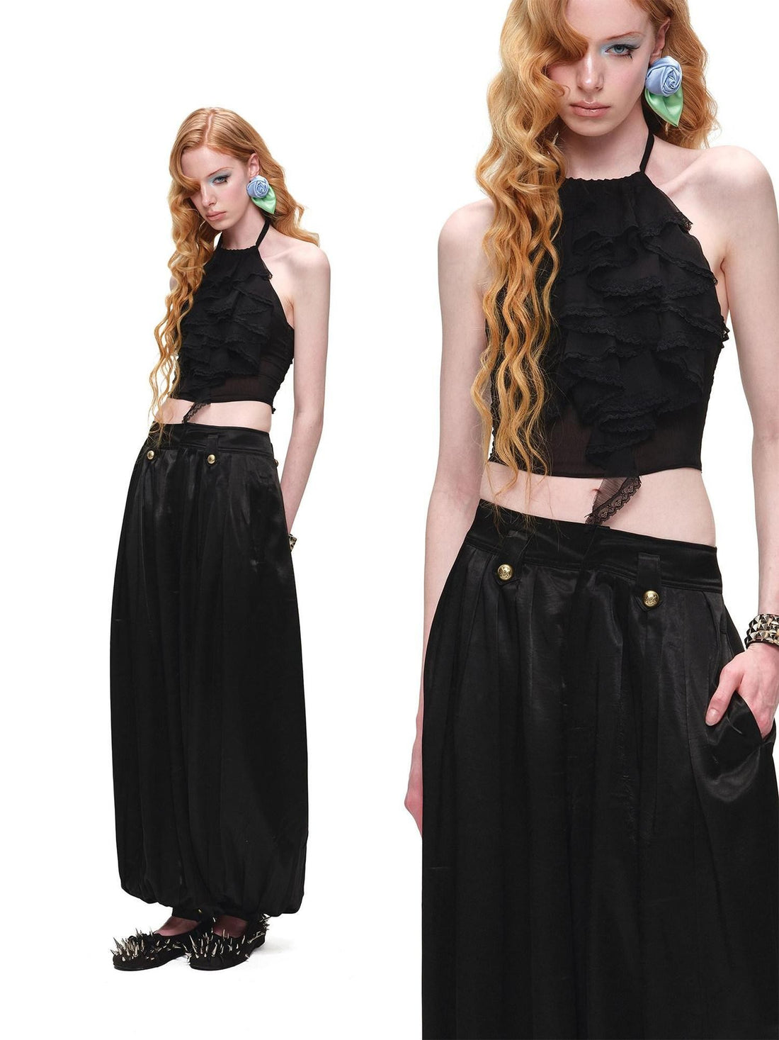 1JINN STUDIO Sheer Open Back Lace Layered Ruffle Women&