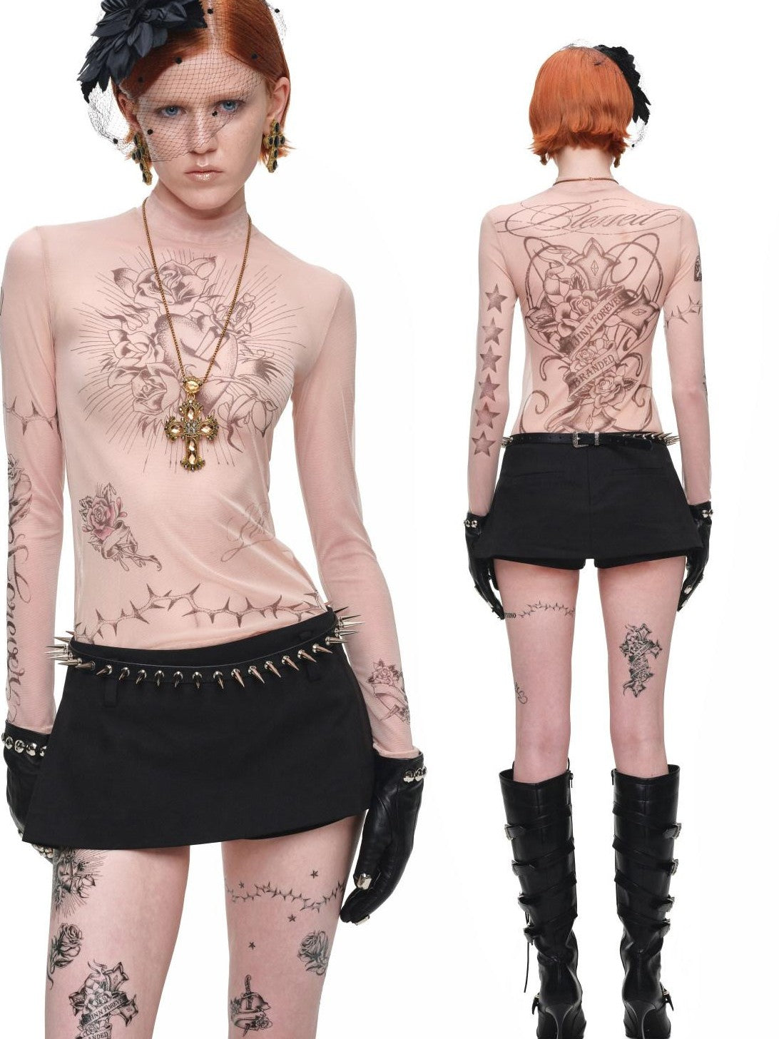 1JINN STUDIO Sheer Tattoo Print Slim Fit Women&