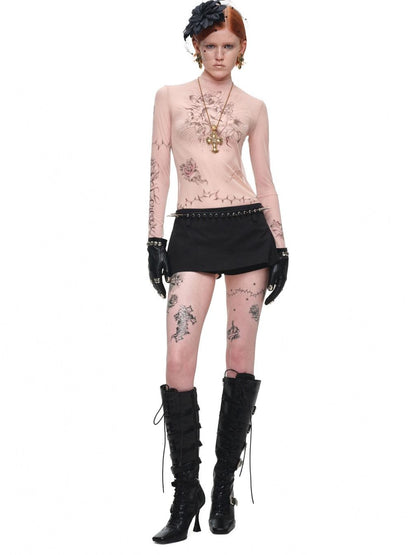 1JINN STUDIO Sheer Tattoo Print Slim Fit Women&
