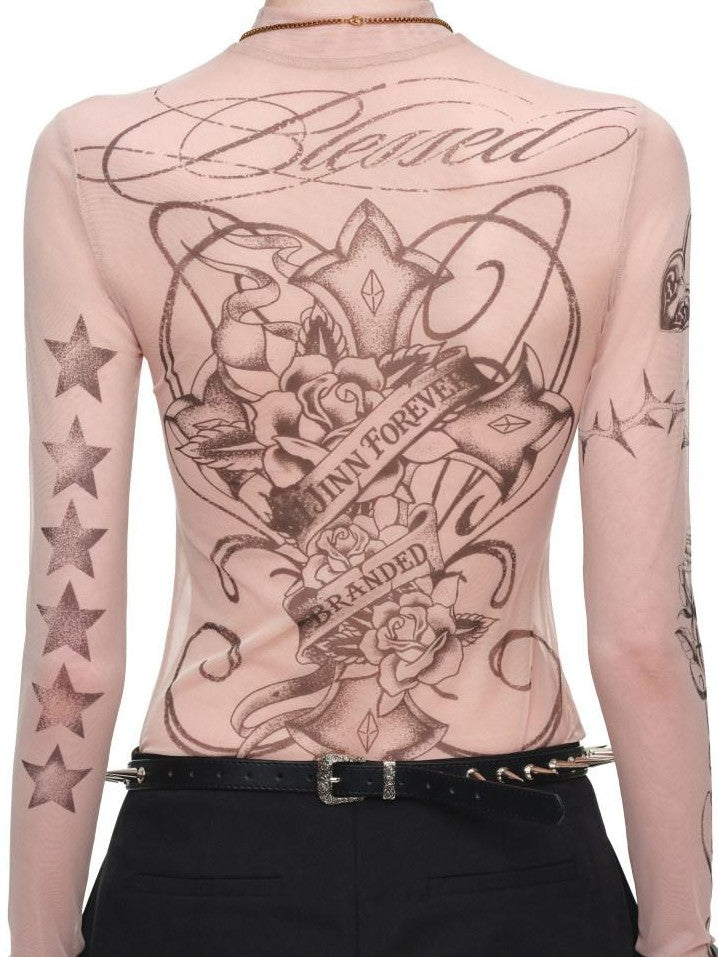 1JINN STUDIO Sheer Tattoo Print Slim Fit Women&