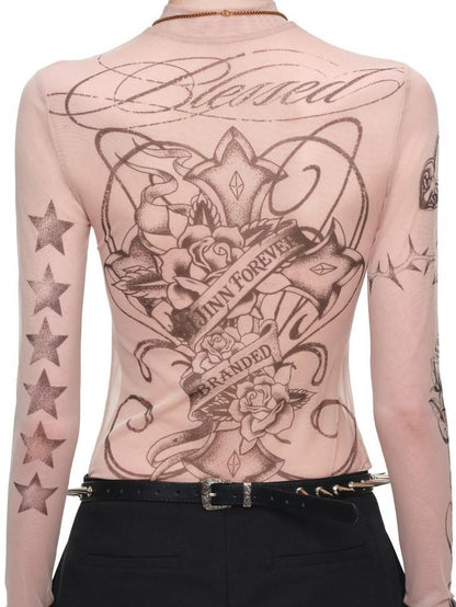 1JINN STUDIO Sheer Tattoo Print Slim Fit Women&
