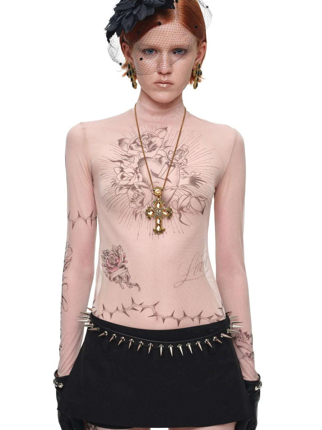 1JINN STUDIO Sheer Tattoo Print Slim Fit Women&