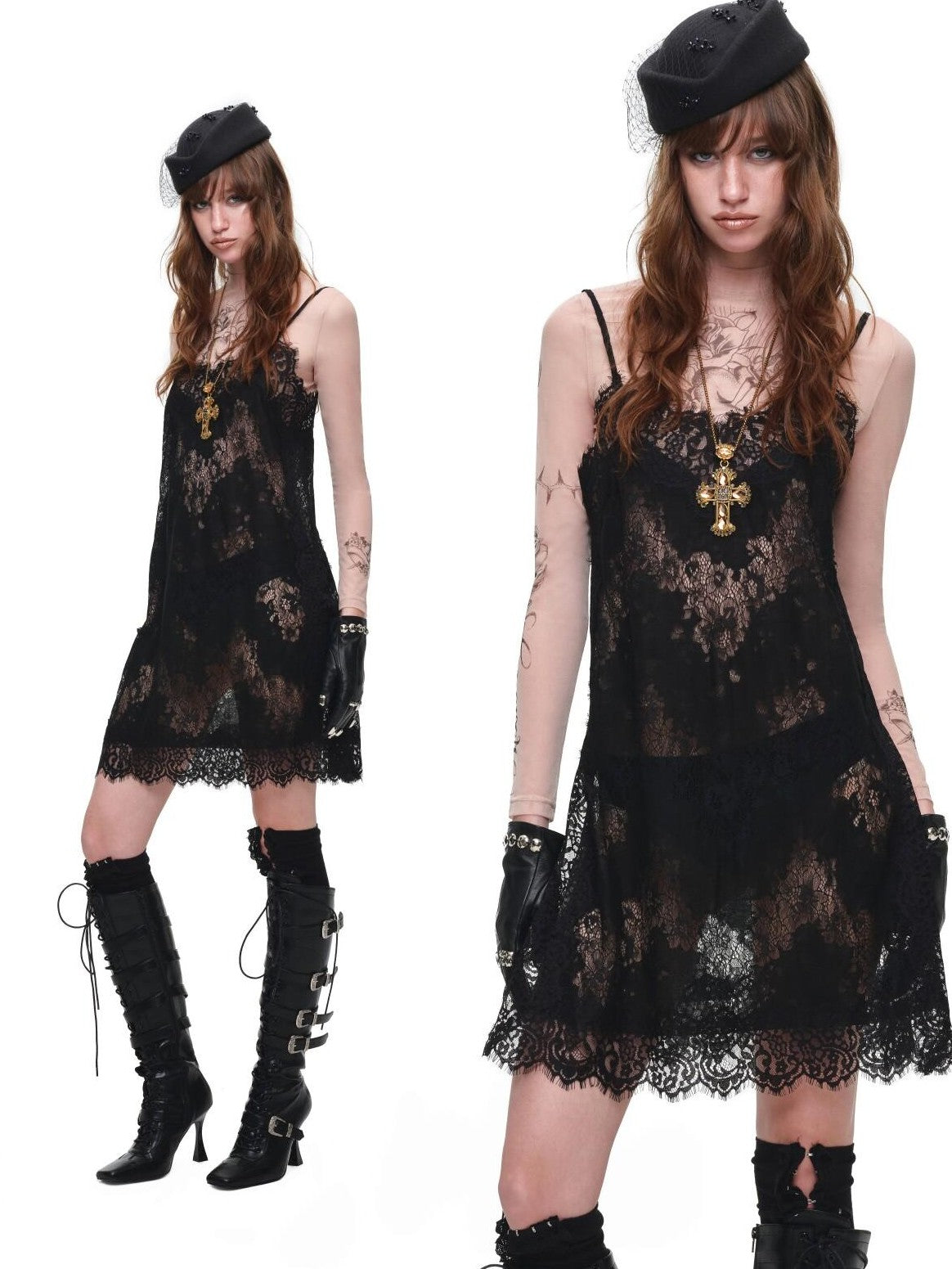 1JINN STUDIO Sheer Tattoo Print Slim Fit Women&