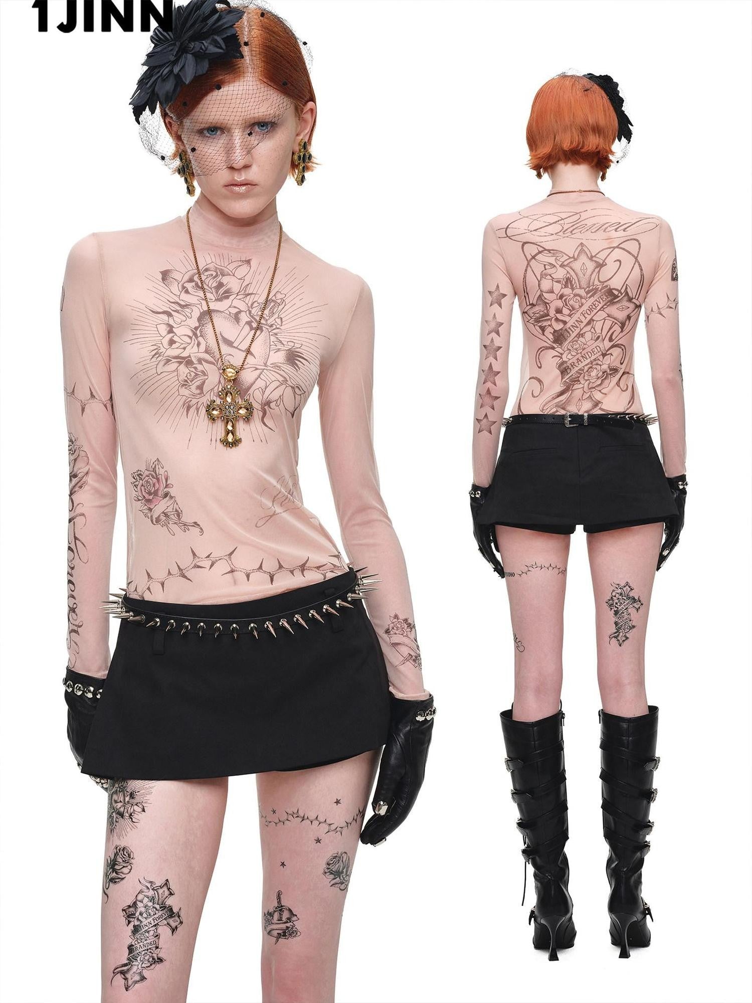 1JINN STUDIO Sheer Tattoo Print Slim Fit Women&