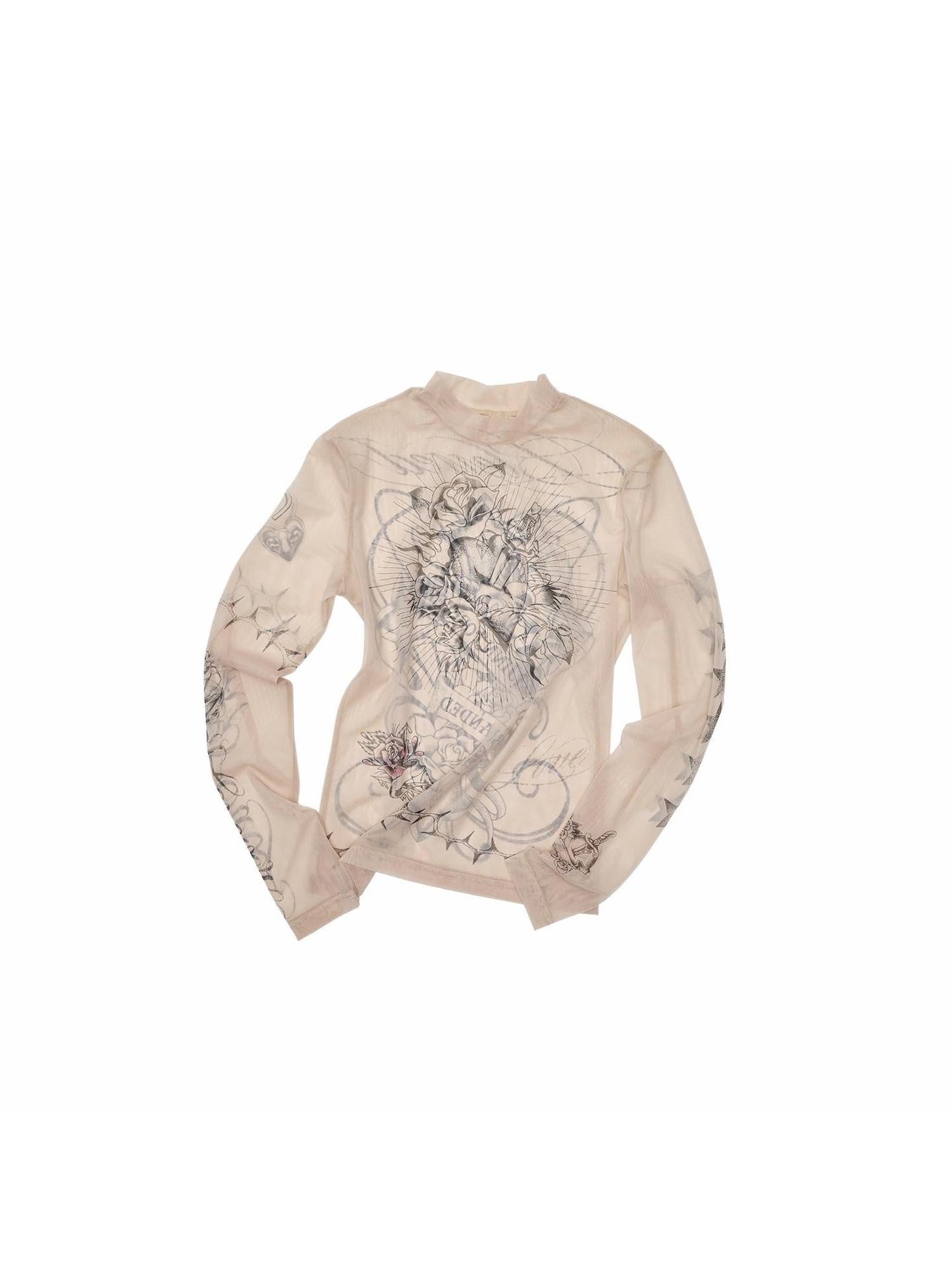 1JINN STUDIO Sheer Tattoo Print Slim Fit Women&