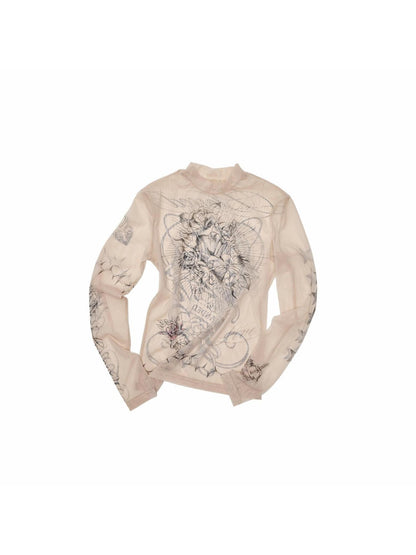 1JINN STUDIO Sheer Tattoo Print Slim Fit Women&