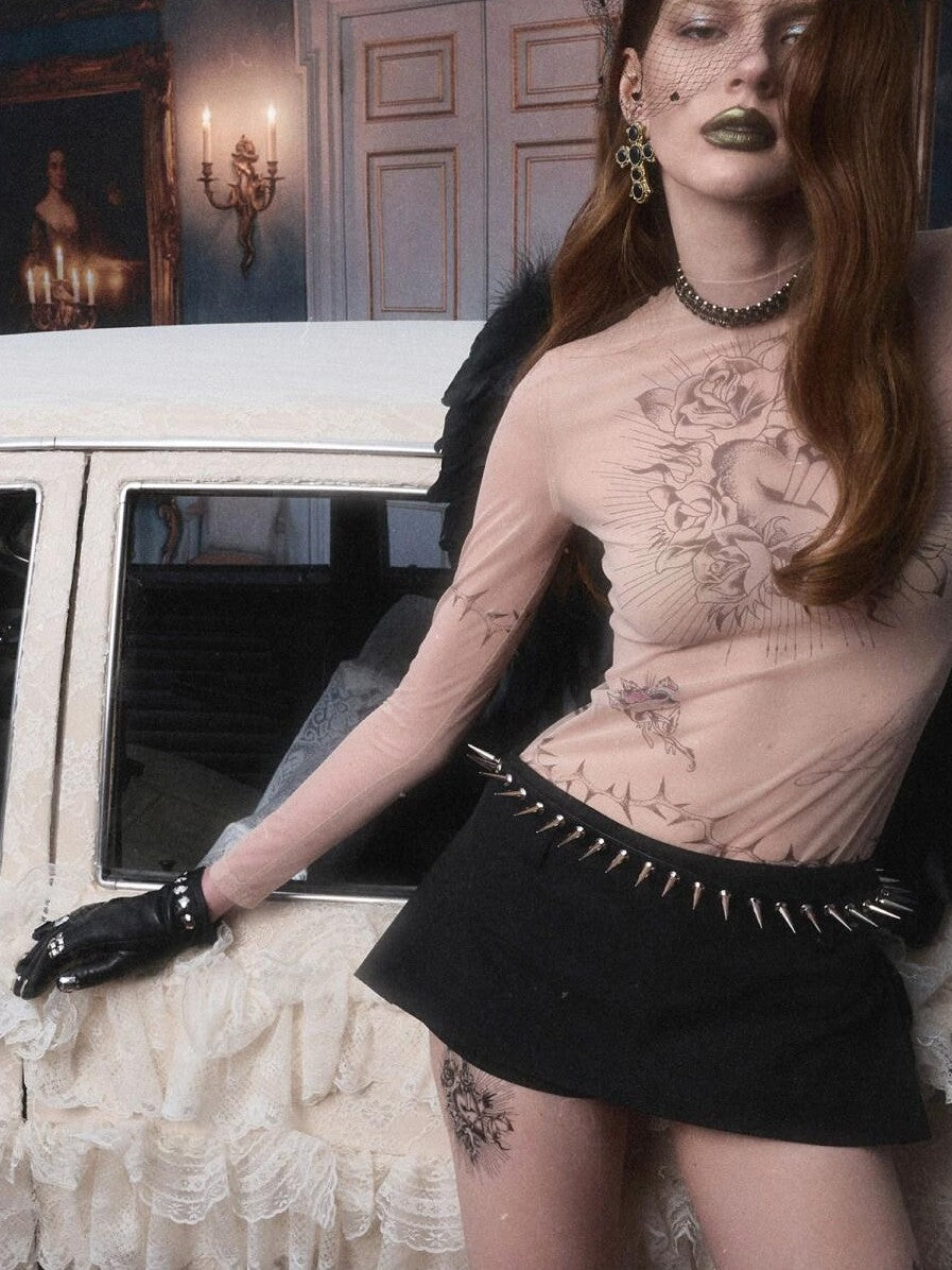 1JINN STUDIO Sheer Tattoo Print Slim Fit Women&