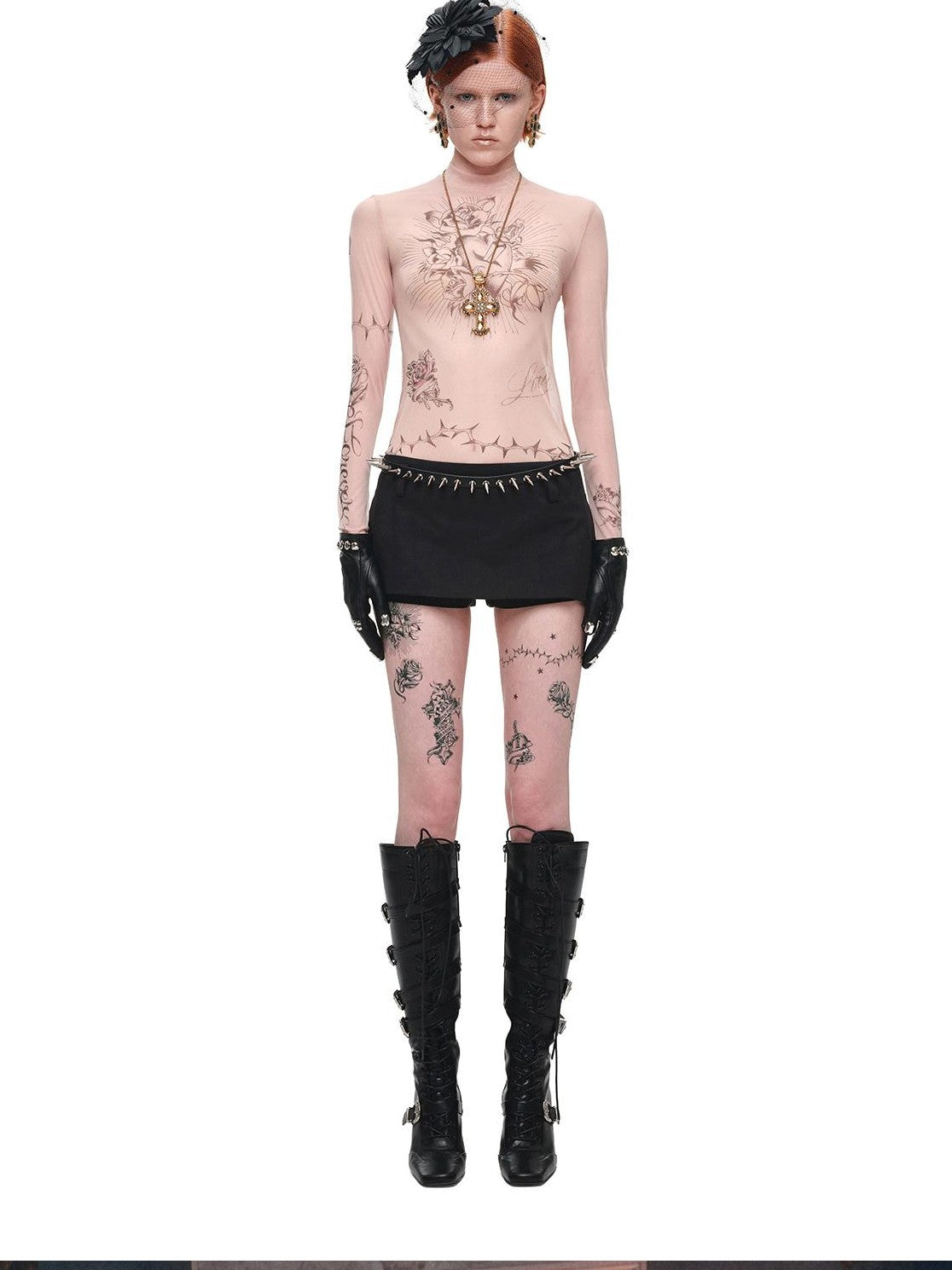 1JINN STUDIO Sheer Tattoo Print Slim Fit Women&